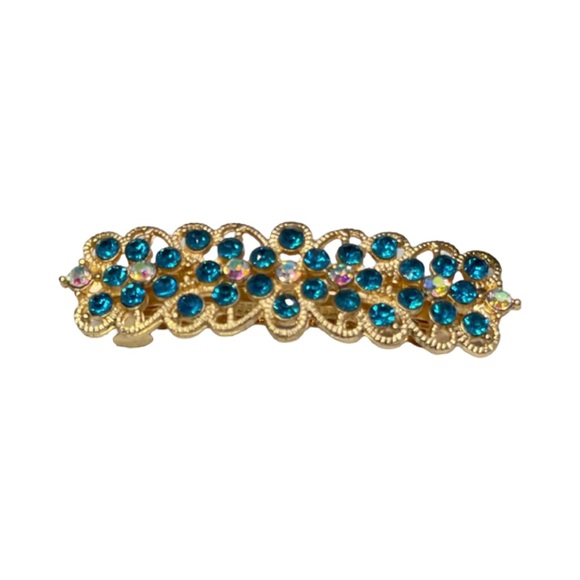 Elegant Gold Barrette with Blue Crystal Accents 3.0” - Picture 2 of 4